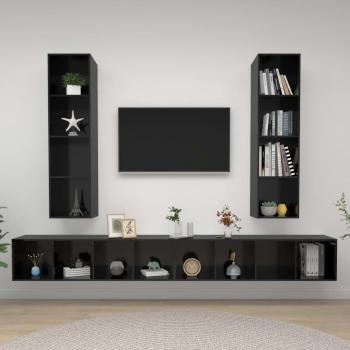 Mueble de salón de pared 4 piezas en madera de ingeniería y aglomerado negro con brillo, incluye mueble TV, mesa de TV y almacenamiento para televisor