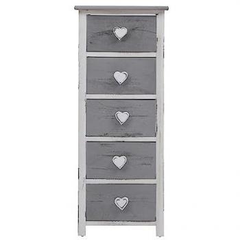 Chifonier Mobili Rebecca de 5 cajones en madera gris y blanco, estilo shabby chic, dimensiones 84x35x27 cm