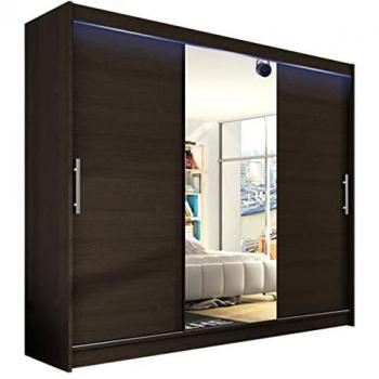 Armario Atlanta 122, Roble Oscuro, 215x250x58cm, Puertas Correderas, 9 Estantes, Iluminación LED