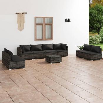 9-Piece Grey Poly Rattan Garden Lounge Set with Cushions