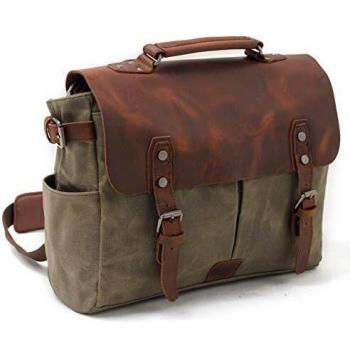 Messenger Bolso Vintage Canvas para Hombres y Mujeres de Cuero Reales 15MacBook Pro/Laptop de 14 maletín Bolsa de Hombro para Business Work School College el Uso Diario