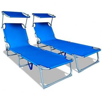 Set de 2 Tumbonas Plegables con Parasol y Respaldo Ajustable, 190x58x27cm, Azul