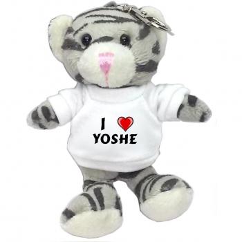 Gato gris de peluche (llavero) con Amo Yoshe en la camiseta (nombre de pila/apellido/apodo)