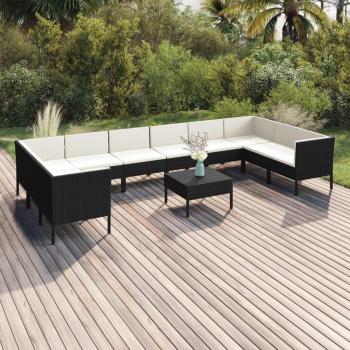 11-Piece Black Poly Rattan Garden Lounge Set with Cushions
