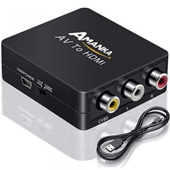 AMANKA Mini Conversor AV a HDMI Convertidor Compuesto RCA CVBS Transformar Señal Audio y Vídeo Adaptador Soporte PAL/NTSC Interruptor, Full HD 3D 1080P, Negro