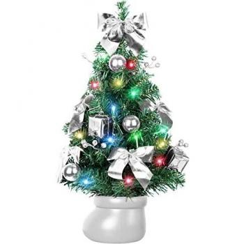 SHareconn Mini árbol de Navidad Artificial Preiluminado de 20 Pulgadas con Luces Blancas Cálidas y Multicolor y Pequeños Adornos Rojos, Decoraciones Navideñas Mesa y Escritorio, Plata