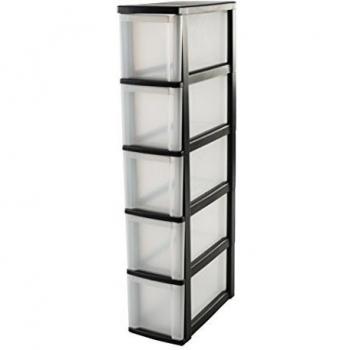 Iris Ohyama, torre de almacenamiento con 5 cajones sobre ruedas - New Slim Chest - NSC-205, plástico, negro / transparente, de 38 L, 40 x 20 x 101,5 cm