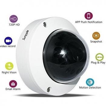Video Cámara de Seguridad con Domo Sumpple Cableada 720P IP, Cámara de Red de 1.0MP, visión nocturna, detección de movimiento, grabación de video, instantáneas para el hogar, oficina, negocio, Soporta iOS, Android o PC Blanca