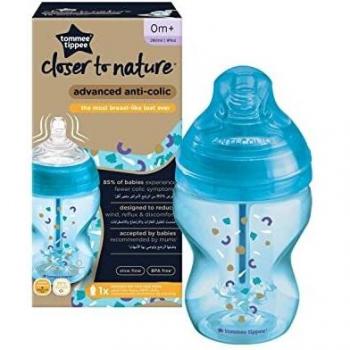Tommee Tippee Biberón Anticólico con Tetina con Forma de Pecho y Sistema de Aireación Anticólico, 260ml, Pack de 1, Azul