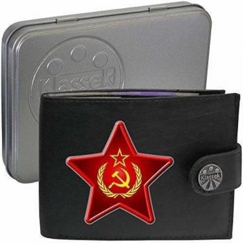 Hammer Sickle Star Wreath Guirnalda estrellas hoz del Martillo Klassek Billetera Cartera para hombre URSS Rusia Comunista de cuero auténtico Regalo Presente Con caja de metal