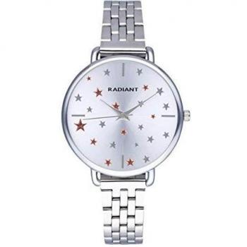 Reloj analógico para Mujer de Radiant. Colección Saint Laurent. Reloj Plateado con Brazalete y Esfera Blanca con pedrería y Estrellas. 3ATM. 38mm. Referencia RA544203.