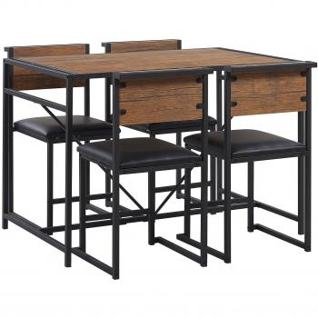 Conjunto de comedor industrial 4 plazas, mesa rectangular 110 x 70 cm, madera oscura y patas de acero negro