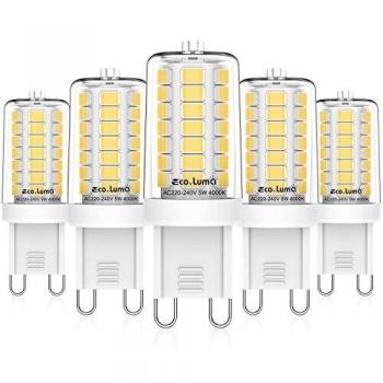 Bombillas LED G9 5W, Blanco Natural 4000K, Repuesto Lámparas Halógenas 40W, LED G9 ángulo Haz de 360° Sin Parpadeo, No Regulable, CA 220-240 V, Paquete de 5, Eco.Luma