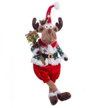 Adorno Navideño Reno con piernas largas marrón y rojo de tela de 64 cm