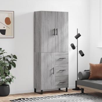Aparador alto de madera contrachapada gris sonoma 69,5x34x180 cm con 1 puerta y 3 cajones, mueble de almacenaje para salón, buffet y armario auxiliar