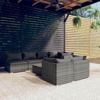 8-Piece Gray Poly Rattan Garden Lounge Set with Cushions