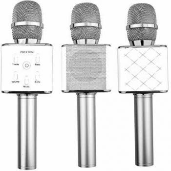 PRIXTON - Micrófono Inalámbrico Profesional, Funciona por Bluetooth y USB, Incluye 2 Altavoces y Función Karaoke, Color Plata