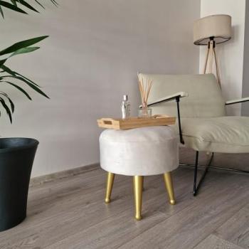 Taburete Acolchado Redondo de Terciopelo Laholm 40xØ40cm - Blanco y Dorado