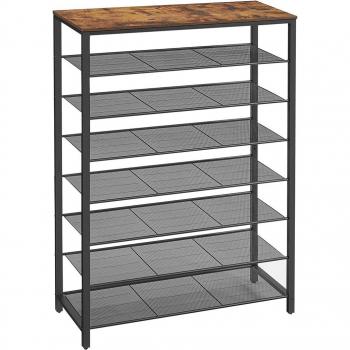 Zapatero grande de 8 pisos con 7 estantes de malla metálica, capacidad para 32-40 pares, ideal para pasillo y dormitorio, dimensiones 100 x 30 x 152 cm, color marrón rústico