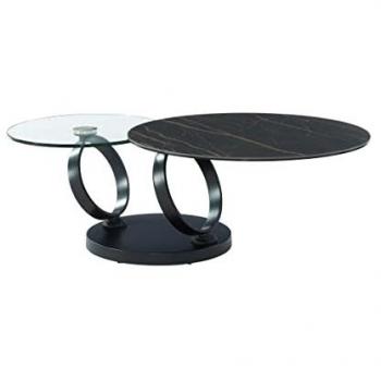 Mesa de Centro JOLINE - Tableros Pivotantes - Cerámica Efecto Mármol y Cristal Templado - Negro