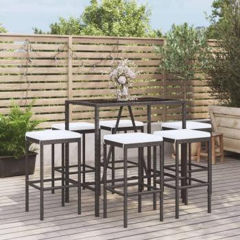 7-Piece Black Poly Rattan Garden Bar Set with Cushions