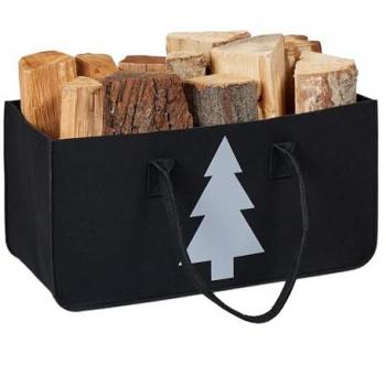 Bolsa de Fieltro para Leña, 28L, Cesta de Almacenamiento con Motivo de Abeto, 25x50x25cm, Negra y Blanca - Relaxdays