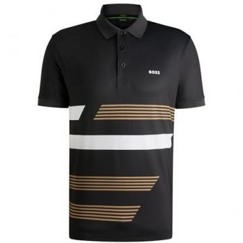 BOSS Men's Black Paddy Tape Print Short Sleeve Polo Shirt - XL
