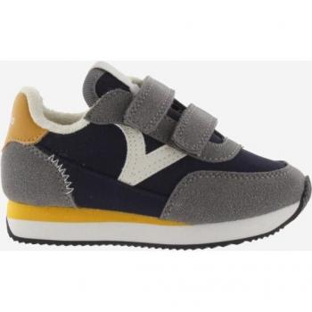 Zapatillas deportivas Victoria de niño en color azul y gris con doble cierre adherente.