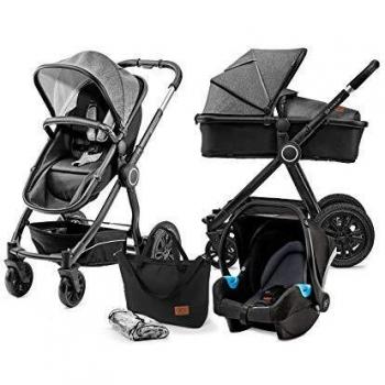Kinderkraft Carrito Bebé 3 Piezas VEO, Silla Paseo, Asiento Coche, Capazo, Plegado, Negro