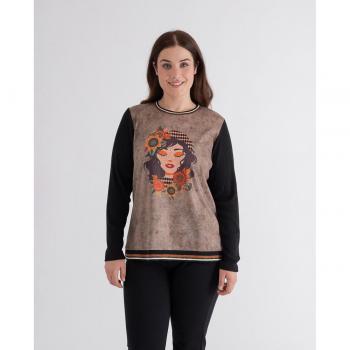 Camiseta de mujer October con cuello redondo, manga larga y diseño de hojas