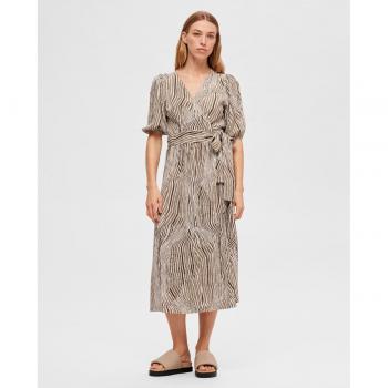 Selected Femme - Vestido midi wrap de lino con diseño envolvente, manga corta, cintura ajustable y acabado ligero