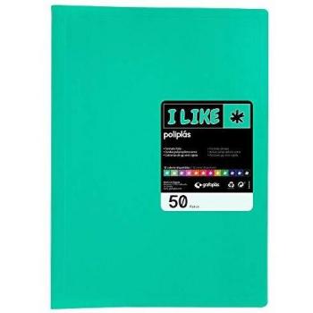 Grafoplás 1461336. Carpeta con Fundas Soldadas, 50 Fundas Transparentes, Cubiertas Polipropileno Semirrígido Opaco Turquesa, Folio, Poliplás Like