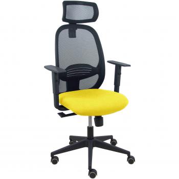 Silla Cilanco negra con malla negra, asiento Bali amarillo, brazo regulable y cabecero regulable