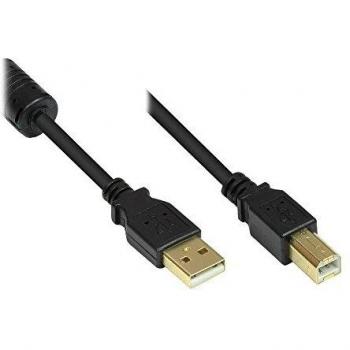 Cable USB 2.0 macho A a macho B con ferritkern, dorado, negro, 1m