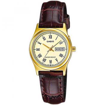 Casio Women's Analog Watch - LTP-V006GL-9B with Gold-Tone Case and Brown Leather Strap, Day/Date Function