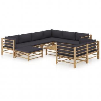 10-Piece Bamboo Garden Lounge Set with Dark Gray Cushions