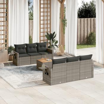 Set de sofás de jardín 7 piezas con almohadas grises en Polyrattan
