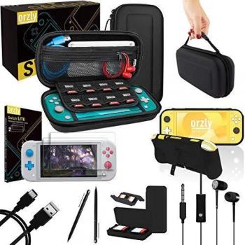 Orzly Paquete de Accesorios para Nintendo Switch Lite – Incluye: Protectores de Pantalla & Funda para Switch Lite Consola, Funda Comfort Grip, Cable USB, Auriculares y más.