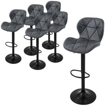 Lote de 6 taburetes de bar tapizados en piel sintética PU antracita con respaldo ergonómico, reposapiés, asiento cómodo y regulable en altura, giratorio 360°