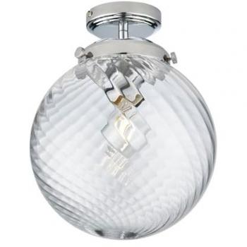 Plafón Milston 1 bombilla Acero, cristal Placa cromada, cristal espiral transparente, Lámpara de techo semi empotrada en cromo, pantalla de globo de vidrio transparente con diseño en aerosol, IP44