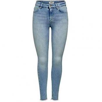 Only Blush Life Mid Waist Skinny Ankle Jeans with Raw Hem in Light Blue Denim