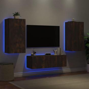Muebles de TV de pared con luces LED 3 piezas roble ahumado Marrón