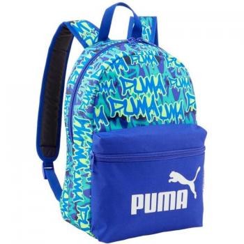 Mochila casual Puma Phase Small azul infantil/adulto, material resistente, diseño ligero, compartimento principal con cierre, bolsillos laterales de malla, correas ajustables y acolchadas