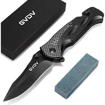 GVDV Navaja de Plegable Bolsillo con Rompecristales, 4 in 1 Cuchillo de Caza Plegable en Acero Inoxidable 7Cr17 Con Afilador, Hoja Recubierta De Titanio, Cierre De Seguridad, Hebilla De Cinturón