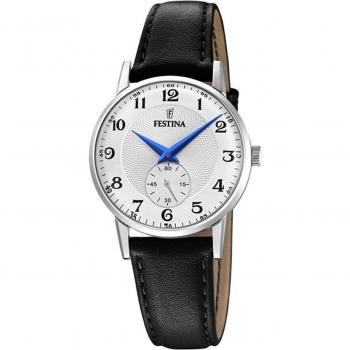 Reloj Festina F20570/1 para Mujer, Colección Retro, Esfera Plateada, Caja de Acero Inoxidable 316L, Correa de Piel Negra