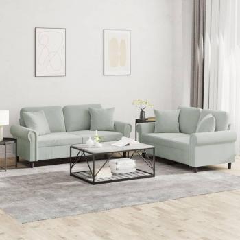 Juego de sofás en terciopelo gris claro con almohadas - 2 piezas