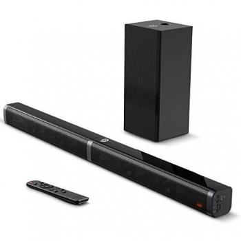 Barra de Sonido 2.1 para TV, BOMAKER 4K&HD 100W con Subwoofer, Potencia 110 dB, Bluetooth 5.0, 5 Modos de Sonido, Óptico, 3,5 mm AUX, USB, para Cine en Casa, Tapio V-Negro