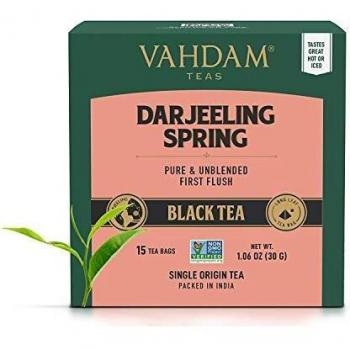 VAHDAM, Hojas exóticas de té Darjeeling primero Flush, 30 bolsitas de té, Bolsas de té Darjeeling pirámide de hoja larga, Té 100% puro sin mezclar Darjeeling de primer lavado, envasado en la India
