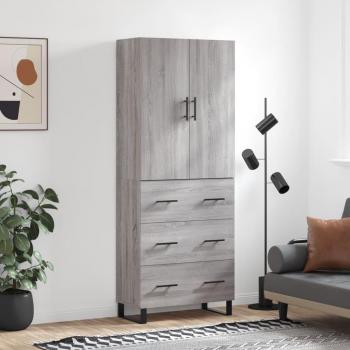 Aparador alto de madera contrachapada gris sonoma 69,5x34x180 cm con 3 cajones, mueble de almacenaje para salón, buffet y armario auxiliar
