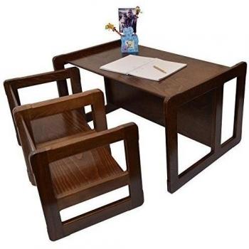 3 en 1 Muebles Para Niños Conjunto de 3 Dos Pequeñas Mesas Sillas y Una Mesa Banco Grande Hechan de Madera de Haya Oscura